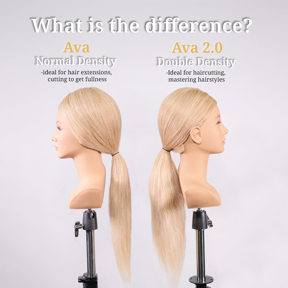 Blonde human hair mannequins for cosmetology students to practice cutting.