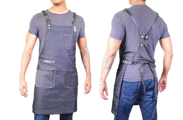 Premium Unisex Barber Hair Stylist Brown Jean Apron with Pockets outlet - Advantage